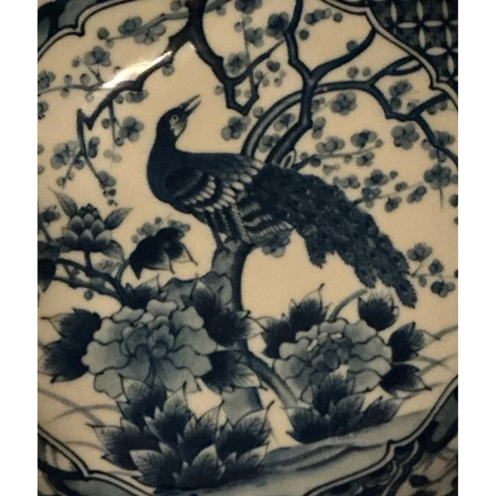 Vintage Blue and White Serving Bowl Made in Japan Peacock w/Cherry Blossoms 8.5